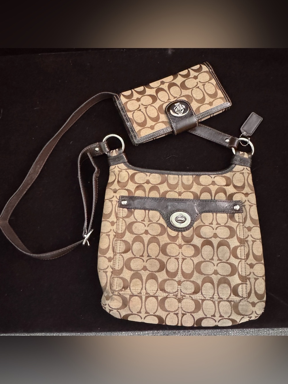 Coach Signature Canvas Crossbody File Bag & Matching Checkbook Wallet Set - Brow